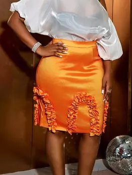 AOMEI оранжевая мини-юбка с оборками Y2k для женщин, элегантная лоскутная юбка-карандаш с высокой талией, эластичная вечеринка, вечерние, для знаменитостей, большой размер