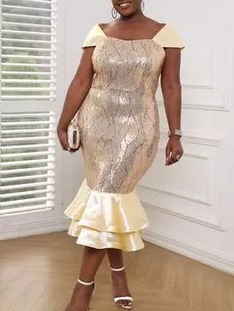 AOMEI Платья для торжественных случаев для женщин Абрикосовая вечеринка Блестящие блестки с блестками Празднуйте пакет с открытыми плечами Бедро Женские платья большого размера