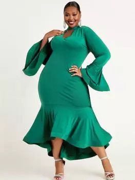 AOMEI платья-футляры для женщин зеленый с круглым вырезом и вырезами с расклешенными рукавами и оборками с высокой талией до середины икры, элегантные вечерние коктейльные платья больших размеров