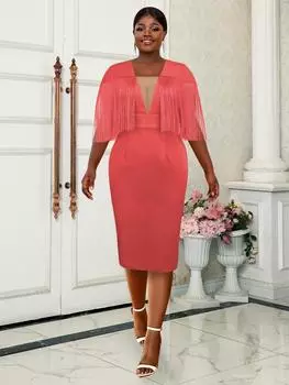 AOMEI платья миди с кисточками для женщин размера плюс Тюль с v-образным вырезом и короткими рукавами с бахромой ампирные облегающие вечерние платья на день рождения M красный