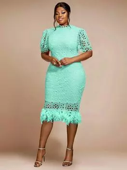 AOMEI Платья миди с кружевом и перьями, с воротником-стойкой, с коротким рукавом, элегантные облегающие коктейльные платья для мероприятий S розовый