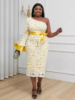 AOMEI платья на одно плечо для женщин белое кружево с длинными расклешенными рукавами лоскутное платье-карандаш элегантные коктейльные вечерние платья для выпускного вечера вечернее банкетное платье