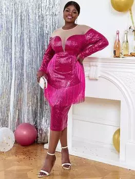 AOMEI платья с бахромой и блестками для женщин, пикантные прозрачные тюлевые лоскутные роскошные вечерние коктейльные вечерние наряды миди для мероприятий S ярко-розовый