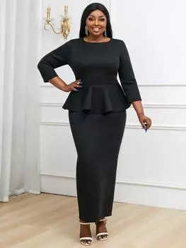AOMEI платья с баской для женщин, большие размеры, с круглым вырезом, рукавом 3/4, высокой талией и оборками, офисная одежда до щиколотки для церковной вечеринки