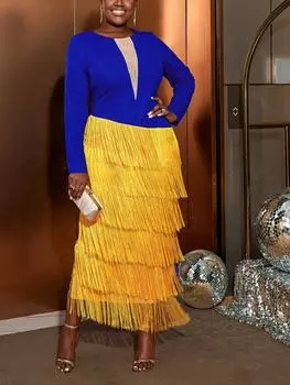 AOMEI платья с кисточками для женщин 2024 лоскутное сетчатое прозрачное вечернее платье с длинными рукавами облегающее платье для выпускного вечера новинка большого размера