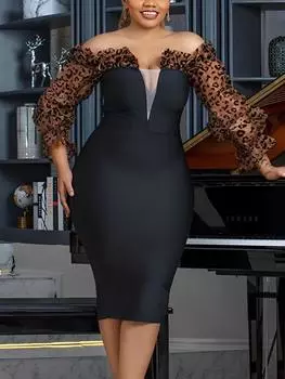 AOMEI платья с открытыми плечами для женщин, леопардовый прозрачный рукав, V-образный вырез, ампирный пакет, хип-миди, наряды, клубная вечеринка, вечернее мероприятие, Vestidos S чёрный