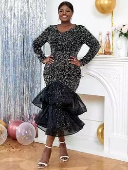 AOMEI платья с рыбьим хвостом для женщин, марлевые лоскутные платья с V-образным вырезом и длинными рукавами, пакет с блестками на бедрах, сексуальные клубные вечерние модные платья 2023, осень M чёрный