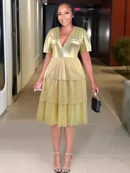 AOMEI платья с V-образным вырезом для женщин золото с короткими рукавами Высокая талия трапециевидной формы с оборками большой размер повседневные вечерние коктейльные платья S золотой