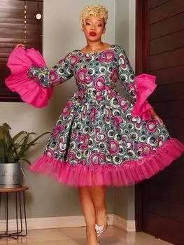 AOMEI платья трапециевидной формы для женщин розовые с круглым вырезом с длинными расклешенными рукавами бальные платья в стиле ампир с цветочным принтом вечерние наряды для мероприятий плюс размеры S розовый