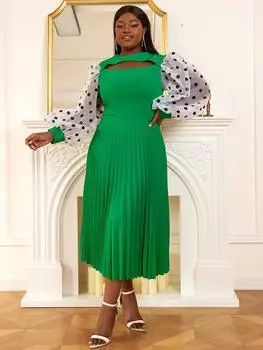 AOMEI Плиссированные платья для женщин Лоскутное платье в горошек с длинными рукавами и вырезом на груди Платья трапециевидной формы в африканском стиле Офисная женская рабочая одежда Элегантная одежда для свиданий S зелёный
