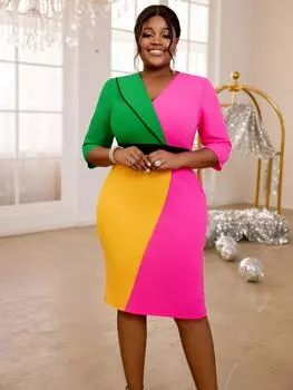 AOMEI повседневные платья с цветными блоками, V-образным вырезом, рукавом до локтя, высокой талией, комплектом хип-хоп, длиной до колена, платья для женщин 0XL ярко-розовый