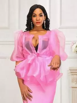 AOMEI прозрачные топы с круглым вырезом и короткими пышными рукавами, пуловер с прозрачными оборками, рубашки для коктейльной вечеринки, блузка размера плюс 1XL розовый