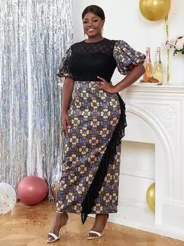 AOMEI ретро винтажное облегающее платье с принтом для женщин, летние милые черные кружевные оборки, длинные цельные платья, вечернее специальное мероприятие