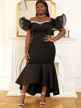 AOMEI Роскошное черное платье с бисером Вечернее платье с открытыми плечами и рюшами на рукавах Высокий низкий рыбий хвост длиной до щиколотки Наряды для выпускного вечера Платья большого размера