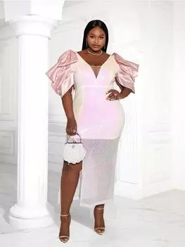 AOMEI Роскошные платья с v-образным вырезом и блестками, облегающие блестящие вечерние платья с высоким разрезом для дня рождения, выпускного вечера для женщин S розовый