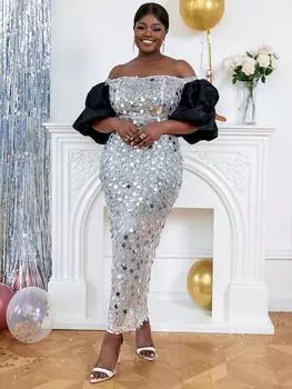 AOMEI Роскошные вечерние платья макси с пайетками для женщин Симпатичные рукава-фонарики с открытыми плечами Элегантные тонкие вечерние платья для выпускного вечера Свадебные платья большого размера S серебряный