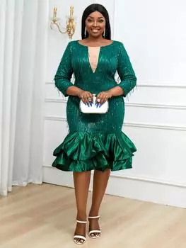 AOMEI Роскошные вечерние платья с блестками для женщин, зеленые блестящие длинные рукава, тонкие многоярусные платья с рюшами в стиле пэчворк, вечерние платья для торжественных событий