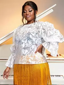 AOMEI Роскошные жаккардовые блузки с круглым вырезом и длинными расклешенными рукавами, прозрачные повседневные топы с цветочным принтом для женщин S белый