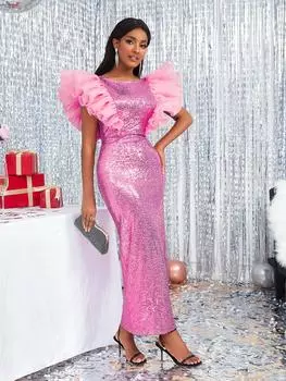 AOMEI розовые блестящие вечерние платья на день рождения, свадьбу, гость, сетчатые облегающие платья с оборками и рукавами и блестками, элегантные клубные ночные платья