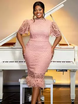 AOMEI розовые кружевные платья с вырезом на шее и короткими рукавами, облегающие платья миди с подкладкой из перьев S розовый