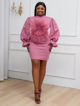 AOMEI розовые мини-платья для женщин с большим цветком розы, высоким воротником и длинными рукавами, облегающие коктейльные короткие платья, осень 2023, вечеринка, свадебная клубная одежда