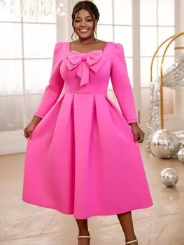 AOMEI розовые платья А-силуэта с квадратным воротником и длинным рукавом, милые вечерние платья с бантом на день рождения для женщин S розовый