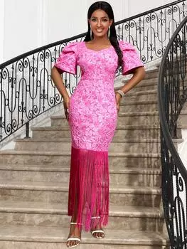 AOMEI розовые платья с бахромой, женские жаккардовые платья с короткими рукавами и цветочным принтом, облегающие вечерние платья для выпускного вечера с высокой талией