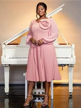 AOMEI розовые платья с длинным шифоновым рукавом и высокой талией, А-силуэт, плиссированное женское повседневное рабочее вечернее платье больших размеров S розовый