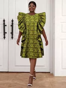 AOMEI Розовые жаккардовые свободные платья для женщин с круглым вырезом без рукавов с рюшами Элегантное стильное платье длиной до колена Наряды для выпускного вечера на день рождения Плюс размер 2XL жёлтый