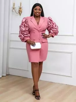 AOMEI Румяно-розовые платья-пиджаки для женщин с отворотами и пышными рукавами, платье-жакет с искусственным карманом, мягкая подкладка, осень-зима, элегантная рабочая одежда S розовый