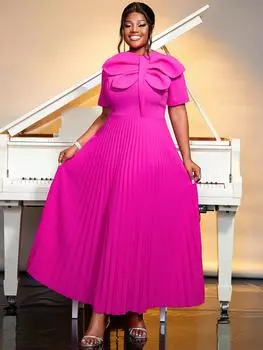 AOMEI с коротким рукавом и длинным плиссированным платьем, женское платье с круглым вырезом и аппликацией, высокой талией, трапециевидной формы, вечерние повседневные вечерние платья S ярко-розовый