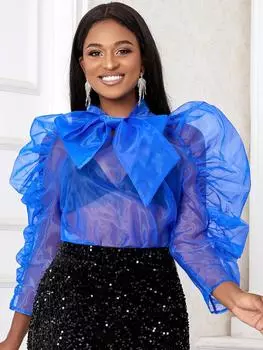 AOMEI топы из органзы для женщин с круглым вырезом и галстуком-бабочкой, прозрачная блузка, сексуальная вечерняя клубная одежда, вечерние пуловеры, рубашки S синий