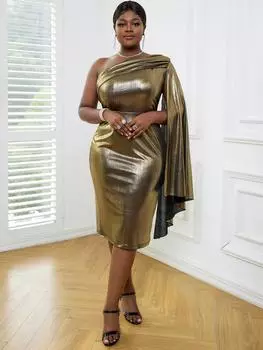 AOMEI сексуальные блестящие золотые вечерние платья на одно плечо для женщин, плиссированные облегающие платья с рукавами-накидкой, хип-коктейльные вечерние платья для выпускного вечера 2023