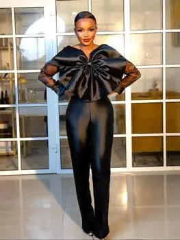 AOMEI сексуальные комбинезоны большого размера для женщин, черный галстук-бабочка с длинными рукавами, высокая талия, прямые комбинезоны, коктейльные женские вечерние комбинезоны, цельный наряд 2XL чёрный