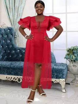 AOMEI сексуальные красные вечерние платья для выпускного вечера для женщин с накидкой и верхней юбкой с прозрачным глубоким V-образным вырезом и пышными многослойными рукавами, летние платья для женщин для особых случаев S красный