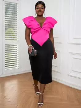 AOMEI сексуальные вечерние платья с глубоким V-образным вырезом для женщин, лоскутное платье-накидка с рукавами, облегающее платье с оборками длиной до колена, вечернее платье для ночного клуба, лето S ярко-розовый