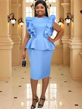 AOMEI синее платье миди с баской и круглым вырезом, без рукавов, с оборками, с высокой талией, наряды для дня рождения, 2024 1XL синий