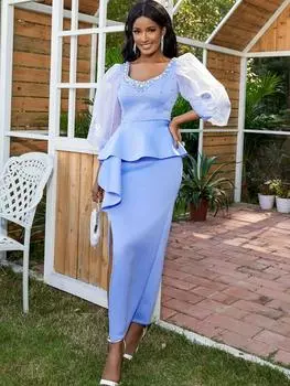 AOMEI синее платье с рюшами для женщин, длинное тюлевое платье с пышными рукавами и высокой талией, облегающее платье с баской, вечернее платье с бисером, наряды S синий