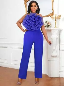 AOMEI синие комбинезоны без рукавов с лямкой на шее и цветочной аппликацией, высокая талия, комбинезон с широкими штанинами для женщин 2XL синий