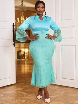 AOMEI синие кружевные платья для женщин с V-образным вырезом, расклешенными рукавами 3/4, облегающие платья длиной до бедра, наряды для вечеринок и дней рождения 2XL синий