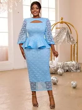 AOMEI синие кружевные платья с круглым вырезом, рукавами-фонариками 3/4, с высокой талией, баской, миди, наряды для банкетов и дней рождения для женщин 3XL синий