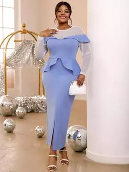 AOMEI синие платья для дня рождения для женщин с круглым вырезом, прозрачными рукавами, баской и высокой талией, коктейльные платья S синий