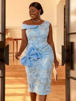 AOMEI синие платья с блестками для женщин, наряды миди с открытыми плечами и высокой талией, вечерние платья больших размеров для свадьбы, дня рождения S синий