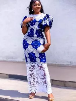 AOMEI синие платья с принтом для женщин, кружевные лоскутные платья с короткими рукавами-фонариками, облегающее платье-карандаш для празднования стильной вечерней вечеринки, большие размеры, Vestidos