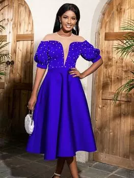 AOMEI Синие платья трапециевидной формы из тюля в стиле пэчворк с короткими рукавами-фонариками и бисером с V-образным вырезом, плиссированные вечерние платья, наряды для свадебных мероприятий для женщин 4XL синий