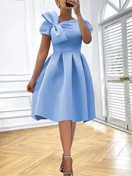 AOMEI синие платья трапециевидной формы, пышные бальные платья для вечеринки по случаю дня рождения, с коротким рукавом и галстуком-бабочкой, милые коктейльные наряды миди для мероприятий для женщин