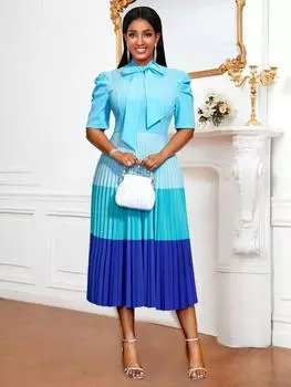 AOMEI синие плиссированные лоскутные женские платья с вырезом и коротким рукавом, повседневные вечерние платья трапециевидной формы 1XL синий