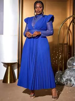 AOMEI Синие плиссированные платья А-силуэта для женщин с воротником-стойкой, с длинными рукавами, прозрачные, с высокой талией, вечерние платья для мероприятий L синий