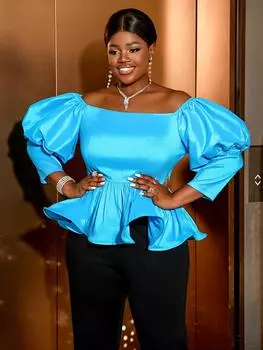 AOMEI синие топы с баской для женщин с открытыми плечами и пышными рукавами с высокой талией, облегающие женские вечерние пуловеры для коктейлей на день рождения, блузки