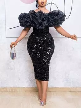 AOMEI, стильные черные платья с открытыми плечами и пайетками для женщин, с открытой спиной и оборками, бархатные блестящие платья, облегающие платья для вечеринок и клубов, свадебные платья для гостей S чёрный